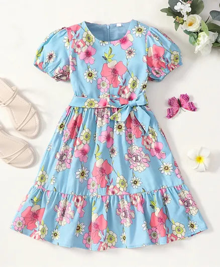 SAPS All over printed floral Dress for girls- Blue