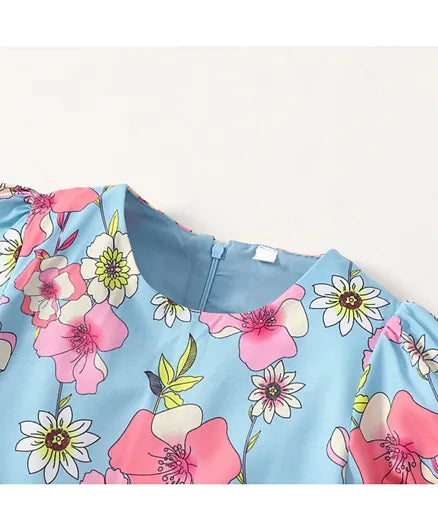 SAPS All over printed floral Dress for girls- Blue