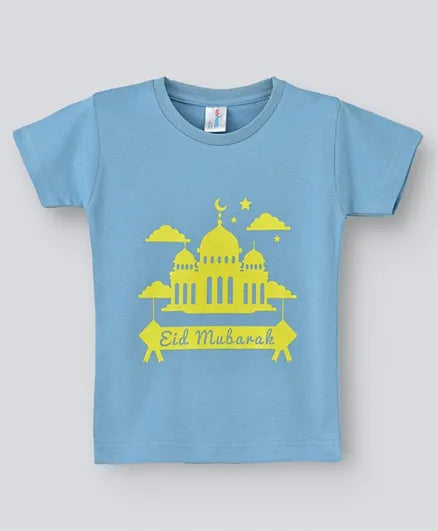 Babyqlo Short Sleeves Eid Mubarak T-shirt - 4 to 5 Years- Sky Blue