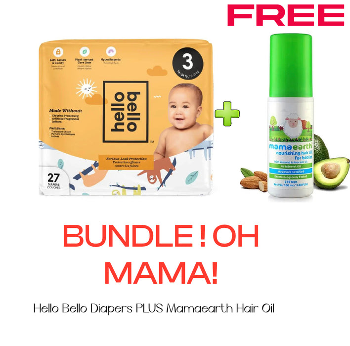Hello Bello Jumbo Diaper - Sleepy Sloth - GN - Size 3- + FREE Mamaearth Nourishing Hair Oil for Babies - 100 ml