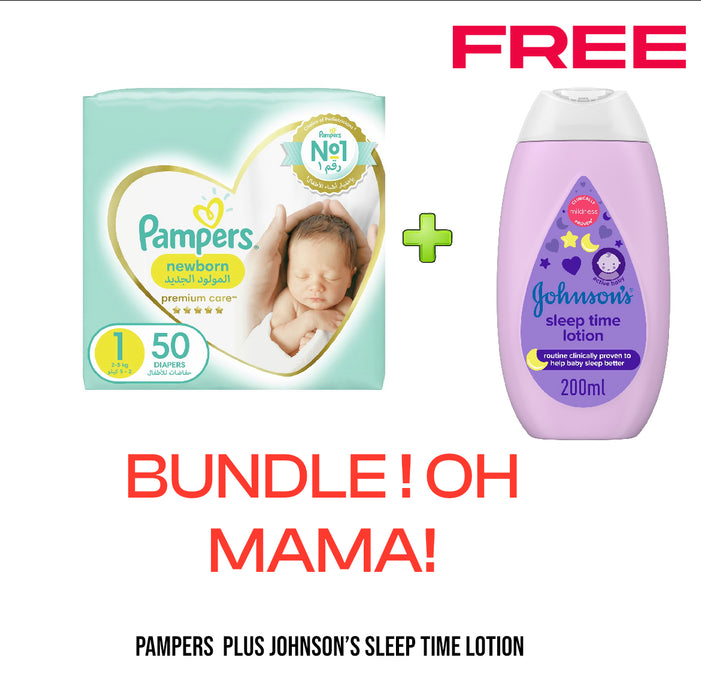 Pampers Premium Care Taped Diapers Size 1 - 50 pcs + FREE Johnson & Johnson Lotion - 200ml