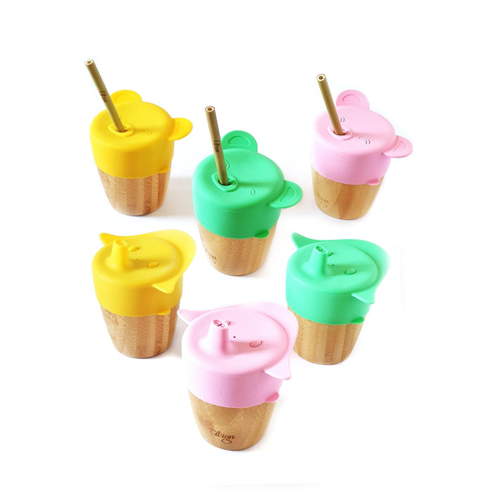 Bamboo Cups with 2 Silicone lids_ Sippy and Straw lid