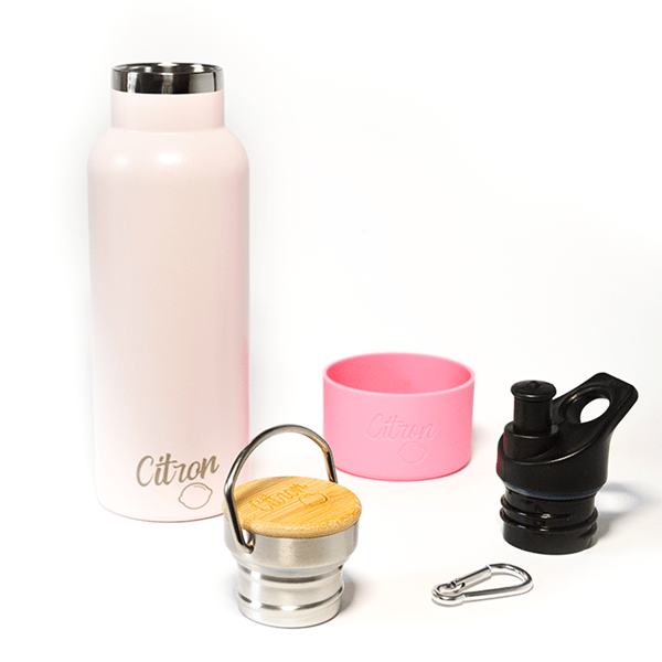 Stainless Steel Water Bottle- 500ml with Silicone Bumper, 2 lids and Alloy Carabiner-Pink Glittery