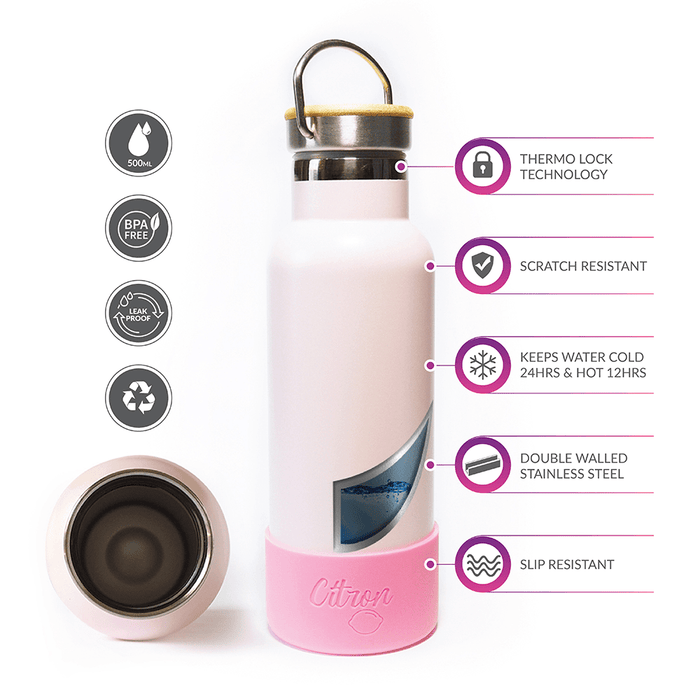Stainless Steel Water Bottle- 500ml with Silicone Bumper, 2 lids and Alloy Carabiner-Pink Glittery