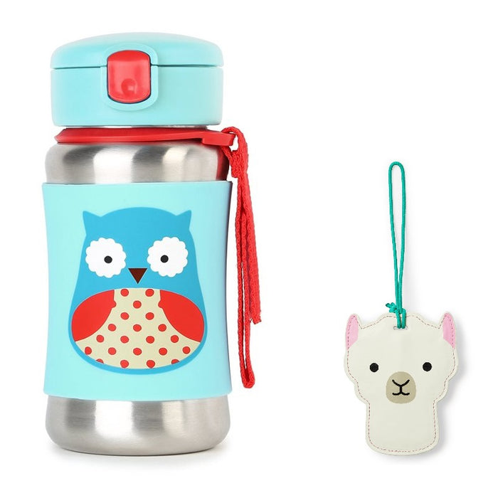 SkipHop Zoo Stainless Steel Straw Bottle - Owl + 1 FREE SkipHop Luggage Tag